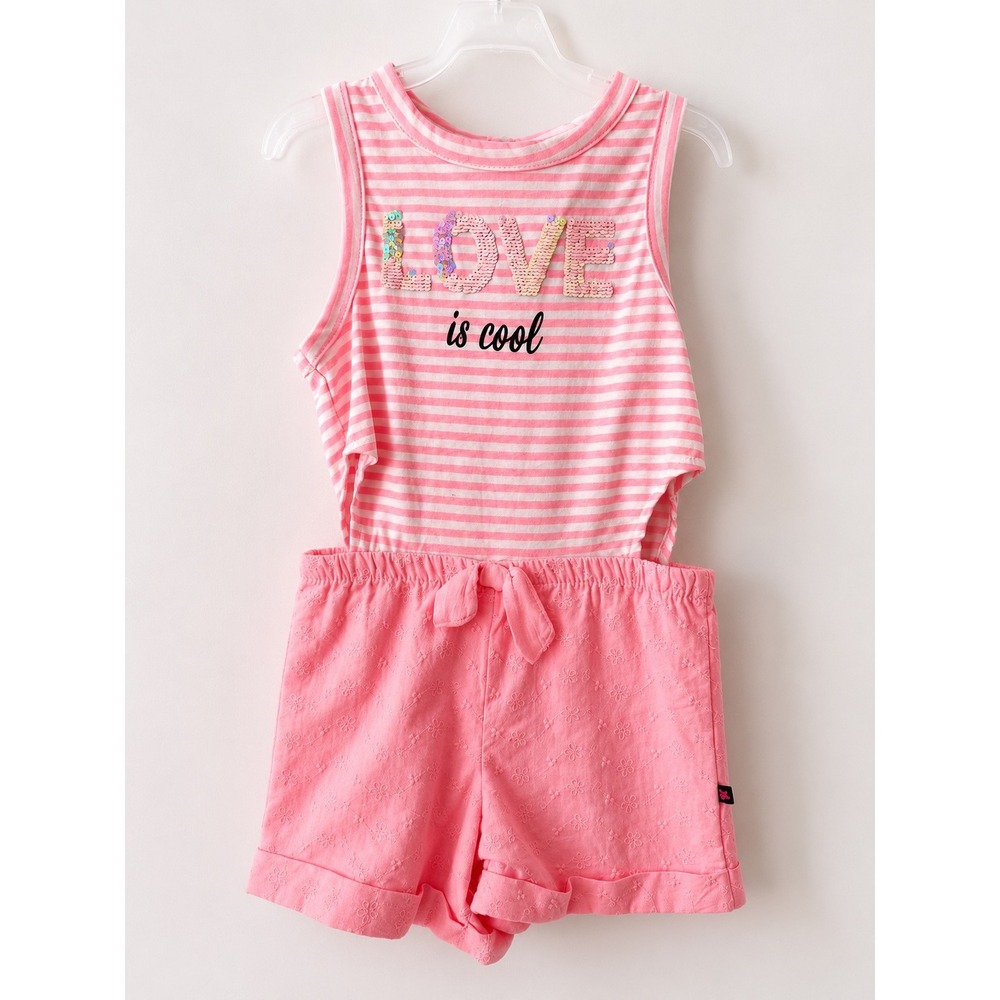 Justice Romper Kids Size 5 Pink Good Sequin Love Striped Eyelet One Piece